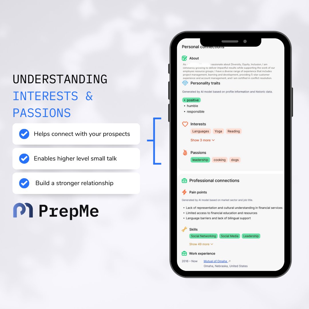 prepme_ai's tweet photo. Unlock the potential of deeper connections within your network through PrepMe. Explore a smarter way to understand and engage with your contacts, nurturing valuable relationships that can transform your career. Elevate your networking game with PrepMe today. 🤝 https://t.co/H90Mm3xXYH
