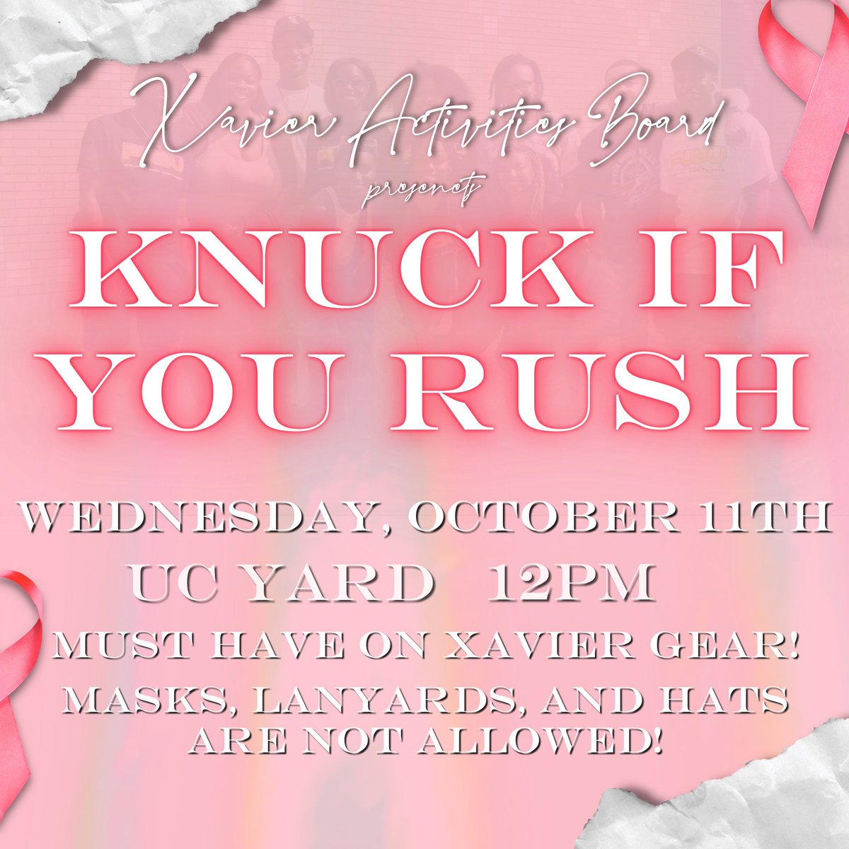 Alright now, if you got that fast pass! It’s time to put it to use!!🩷 Join XAB for the first KNUCK IF YOU RUSH! You MUST have on Xavier gear in order to receive new gear! No hats, lanyards, masks, or croc jibbits count!! Your apparel MUST be on your body!