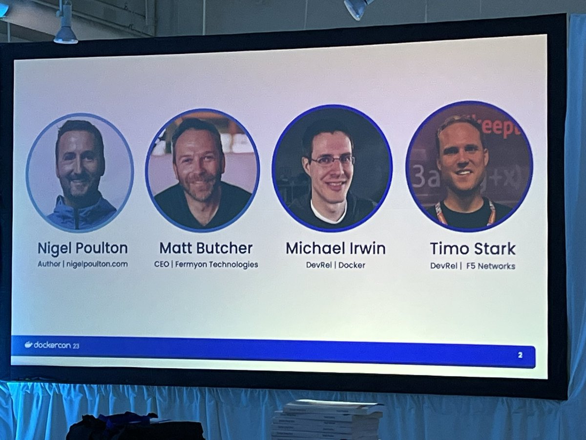 AngelBorroy's tweet photo. Last session at #DockerCon2023: WASM & Containers panel with @nigelpoulton @mikesir87 @linux_lenny @fermyontech https://t.co/BeALPOpA59