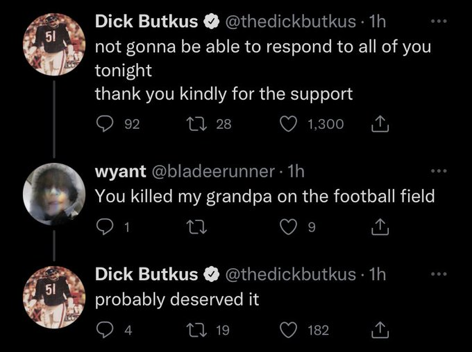 SonofHas's tweet photo. Throwback to this epic Dick Butkus exchange

RIP to a great one https://t.co/ck9m6FLZWy