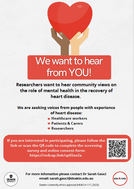❤️❤️❤️
We would like to hear your views on the role of mental health in the recovery of heart disease. We are seeking coronary healthcare professionals, academic experts, patients and caregivers from across Australia to come together to contribute their knowledge.👇👇👇