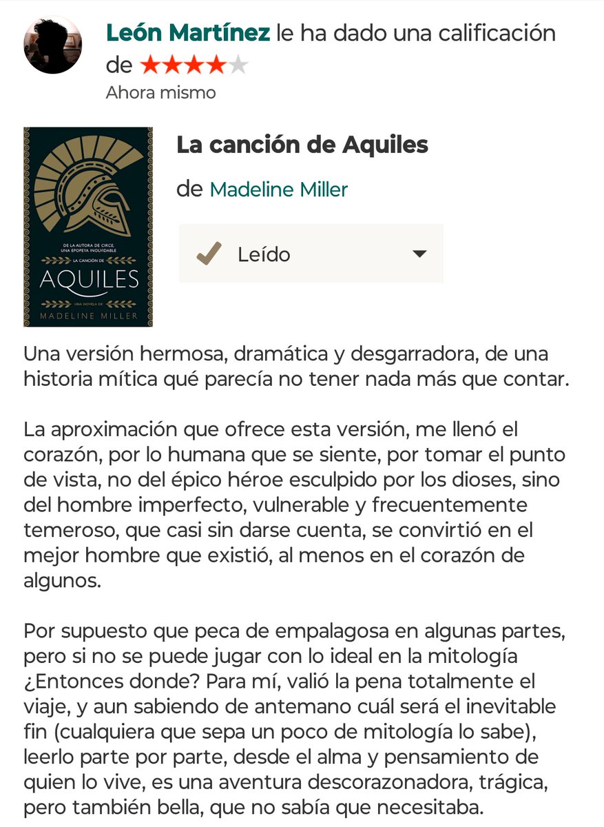 Por fin lo pude terminar... Muchas lagrimas al final, como se esperaba, pero valió la pena 😑❤️📙

Por cierto, si aún no lo son, seamos amigos en Goodreads: goodreads.com/user/show/1603…

#LaCancionDeAquiles