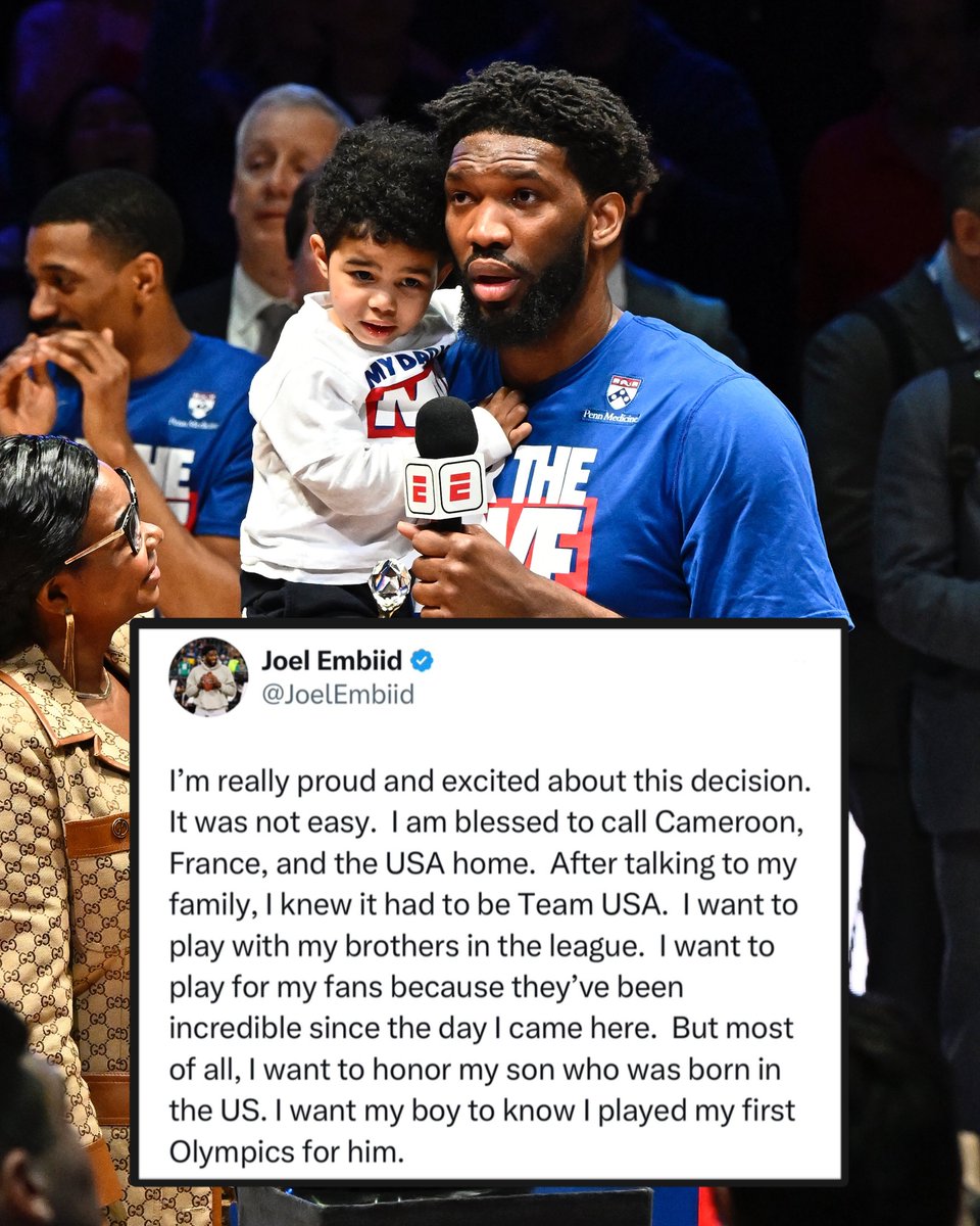BleacherReport's tweet photo. Embiid explains his decision to join Team USA in the 2024 Olympics ❤️

(via @JoelEmbiid) https://t.co/cRtBC4DVBd