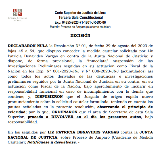 #OjoAlDato La Tercera Sala Constitucional del Poder Judicial declaró nula la resolución que había otorgado la medida cautelar a favor de la fiscal de la Nación, Patricia Benavides, para suspender las investigaciones en su contra seguidas por la Junta Nacional de Justicia. 🧵