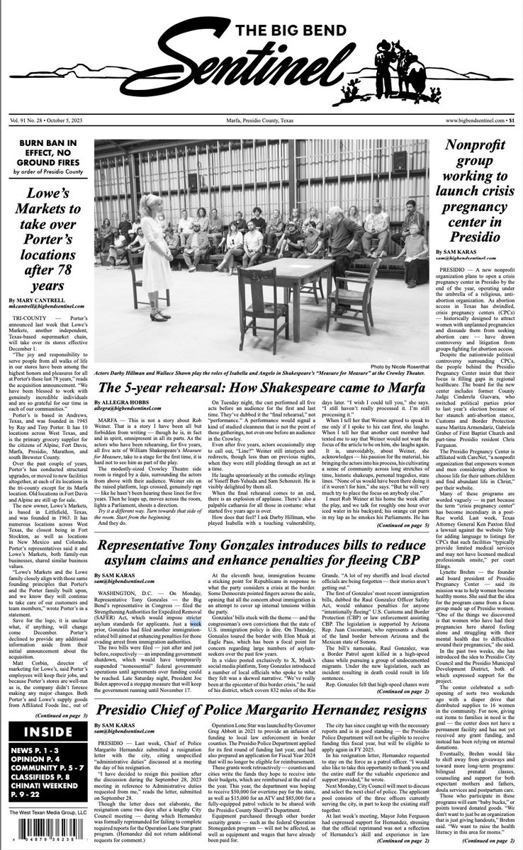 AllegraEHobbs's tweet image. Front page of the newspaper + front of the additional Chinati Weekend section, essentially a whole other full-sized paper on Marfa's biggest arts weekend. I'm especially proud of our small staff this week for pulling off this 22-page beast.