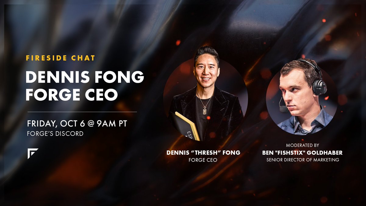 Time to share more of our vision for <a href="/Forge/">Forge</a> 🔥👀

Join us in 1 hour for our first ever Discord Stage, a fireside chat with our founder and CEO, Dennis @Thresh Fong.

Discord will open temporarily in 30 minutes. Stay tuned.