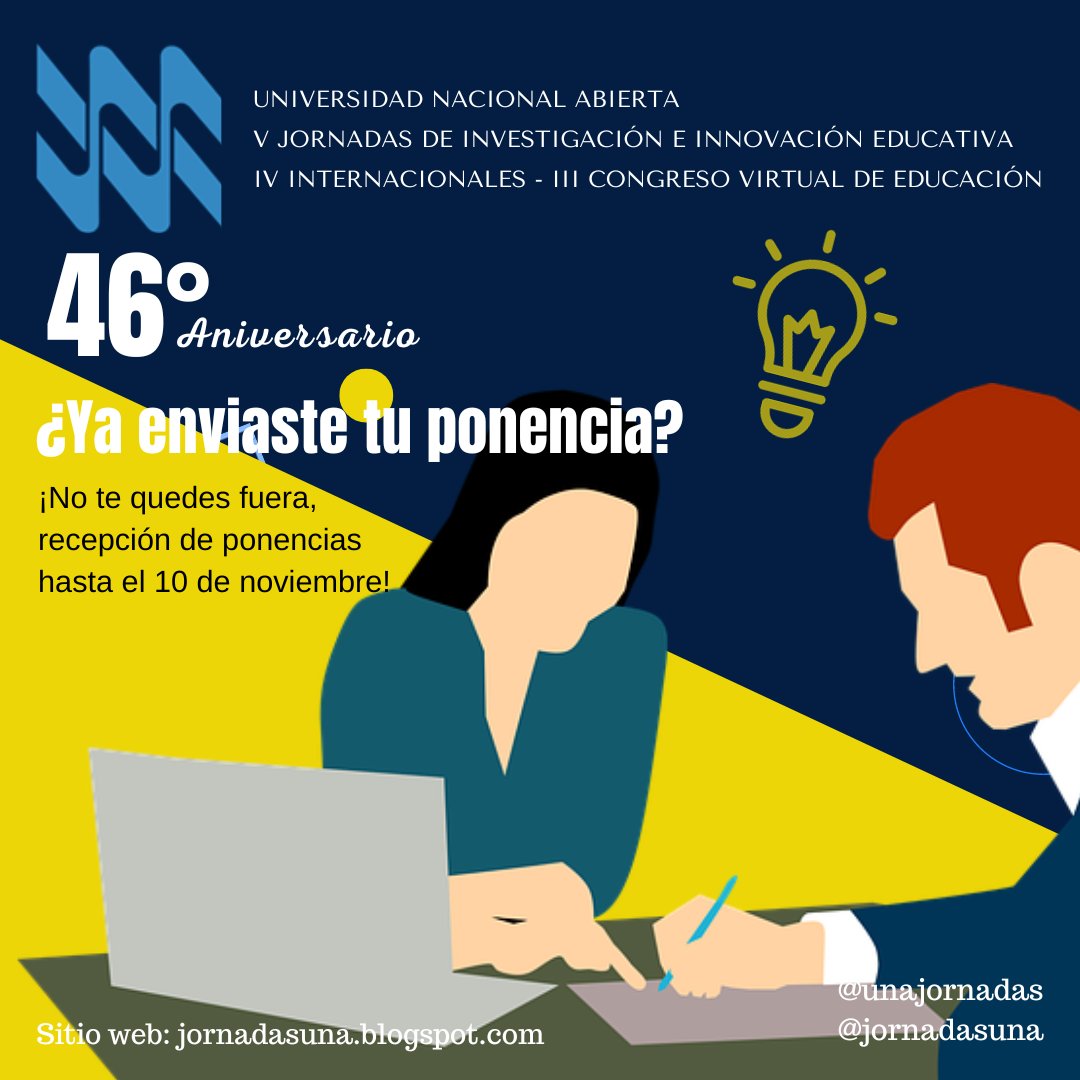 Abierta recepción de #ponencias que versen sobre informes de investigación, proyectos, buenas prácticas, experiencias. Invitación a #docentes de todos los niveles educativos y a #estudiantes de las carreras de #educación pre y postgrado. Toda la info en  jornadasuna.blogspot.com