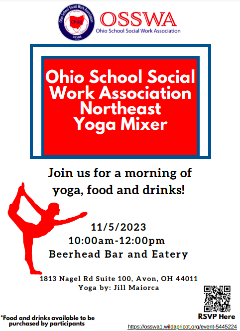 OSSWA_'s tweet photo. Join us for a morning of yoga, food and drinks! We will be hosted by our fellow School Social Worker/Yoga Instructor, Jill Maiorca. This event is friendly to all fitness levels! Register Here: https://t.co/RkVc38Woop https://t.co/Qcw3jdCs3a