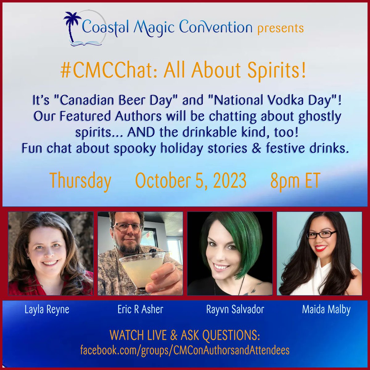 It's almost time!!! 8pm ET!!
--------------------
It's "Canadian Beer Day" and "National Vodka Day", so our authors will be chatting about ghostly spirits and the drinkable kind, too!! Join us in our Coastal Magic Authors and Attendees FB group to watch live &amp; submit questions!