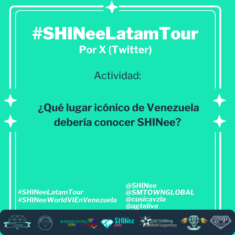 SHINeeWorldVzla's tweet photo. Segunda dinámica 

- ¿Qué lugar icónico de Venezuela debería conocer @shinee?

Hay muchísimos sitios donde los llevaríamos, pero cuál sería para tí el ideal?

@SMTOWNGLOBAL
@CusicaVzla
@AgteLive 

#SHINeeWorldVIEnVenezuela #SHINeeLatamTour https://t.co/EqiFfuCgqd