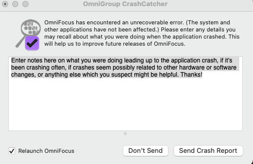 Bandido's tweet photo. @OmniGroup stuck in a constant crash loop after installing 3.15.1 (v151.35.23) on mac running Sonoma 14.0. I can't get back on the app. https://t.co/sAzOAXtNwg