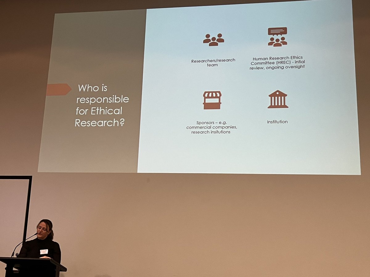 <a href="/MsMeYou/">Meredith Young</a> Meredith Young from <a href="/AlfredIcu/">AlfredICUResearch</a> talking about responsibility for ethical research conduct. Right up there are #ClinicalResearchNurses - an important resource for mitigating risk in research.