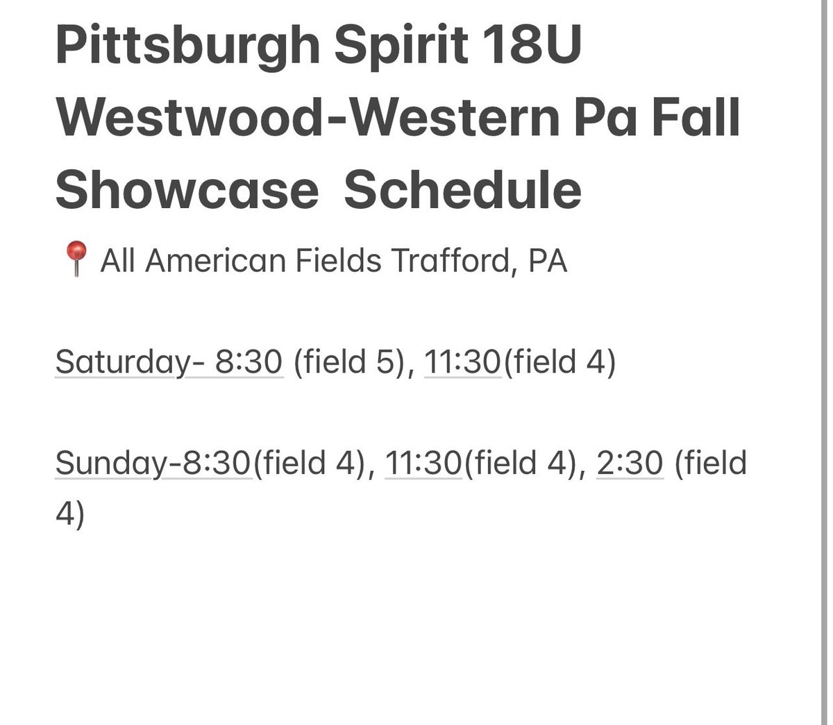 Schedule for this weekend in Trafford, PA! Can't wait and hope the weather holds off! @SVC_Softball @IUPsoftball @CALU_softball @Gannon_Softball @jcu_softball @BoroAthletics @washjeffSB @UPJSoftball @CoachJexx_RMU @RMUSoftball