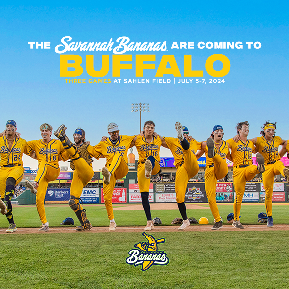 Buffalo Bisons (@buffalobisons) on Twitter photo BANANA BALL IN BUFFALO! 🍌🍌🍌
<a href="/TheSavBananas/">Savannah Bananas</a> are coming to Sahlen Field for a THREE game series, July 5-7, 2024!!! BANANA BALL IN BUFFALO! 🍌🍌🍌
<a href="/TheSavBananas/">Savannah Bananas</a> are coming to Sahlen Field for a THREE game series, July 5-7, 2024!!!