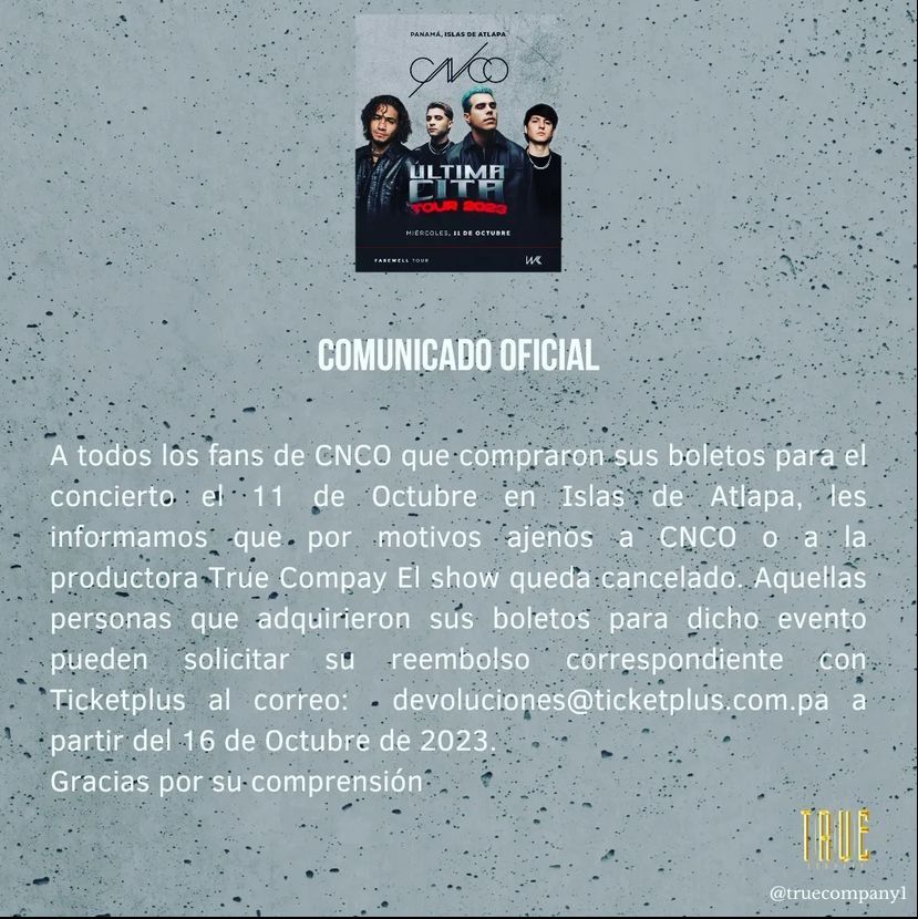 teamcncopty_'s tweet photo. Lamentamos la información que nos acabo de llegar donde el concierto en Panamá se cancela, intentaremos averiguar lo máximo de información. https://t.co/ka0mE6eSEd
