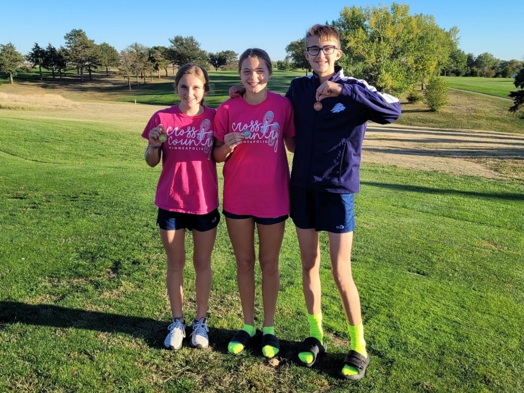 USD239's tweet photo. MJH XC medalists from Ellsworth: 8th boys C. Marsh 9th, 8th girls A. Just 2nd, R. Johnson 1st. #LionPride https://t.co/MF5FvhIBr6