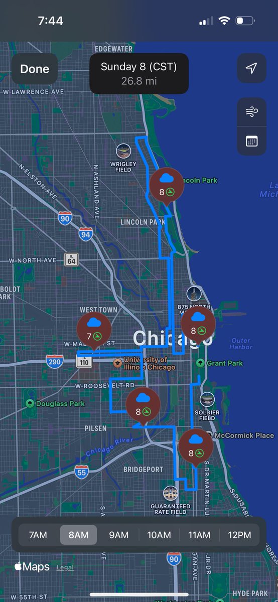 ApolloWeather's tweet photo. For anyone running the #ChicagoMarathon this Sunday, here’s a 6 hour temperature grid and wind direction map of the full course. Good luck!! https://t.co/nMgRaGksGK