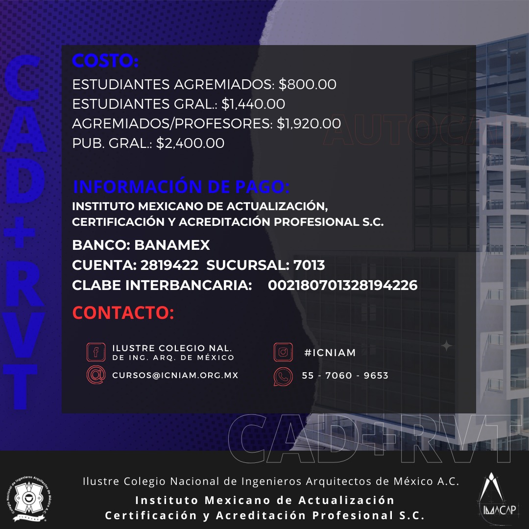 ICNIAM's tweet photo. 💻 Complementa tu formación académica con este paquete de cursos. #Autocad + #Revit 
Regístrate: https://t.co/cMjC3bSCuQ

#SomosICNIAM
#SomosIngenierosArquitectos
#SóloElIlustreEsIlustre https://t.co/WQch5ut5xD
