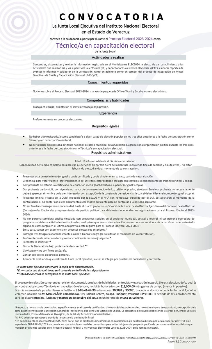 INE_Veracruz's tweet photo. 📣#CONVOCATORIA//La Junta Local Ejecutiva del @INE_Veracruz convoca a la ciudadanía a participar en las #Elecciones2024 como Técnico/a en capacitación electoral.

📃Revisión documental: 6,9 y 10 de octubre de 2023, de 9:00 a 16:00 h

🙋🏻🙋🏻‍♀️Consulta los requisitos aquí 👇🏻 https://t.co/qPsXQxhBFD