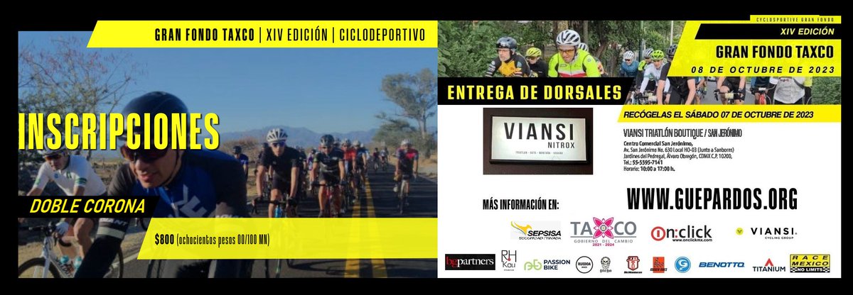 Inscripciones y Entrega de dorales Viansi San Jerónimo gueparedos.org 07 de octubre 2023 
Centro Comercial San Jerónimo, Av. San Jerónimo # 630 Local HO-03 (Junto a Sanborns) México C.P. 10200, Tel.: 5595-7141
Horario: 10am a 5pm

Ubicación: 
google.com.mx/maps/place/Via…