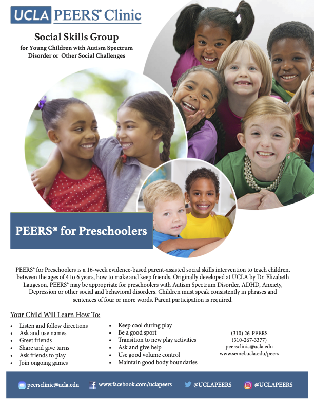 UCLAPEERS's tweet photo. The UCLA PEERS® Clinic is excited to offer in-person PEERS® for Preschooler groups beginning later this month, as well as telehealth PEERS® for Preschooler groups beginning Spring of 2024! 

Contact our clinic at peersclinic@ucla.edu or 310-267-3377. https://t.co/i6Kq7qiwsJ