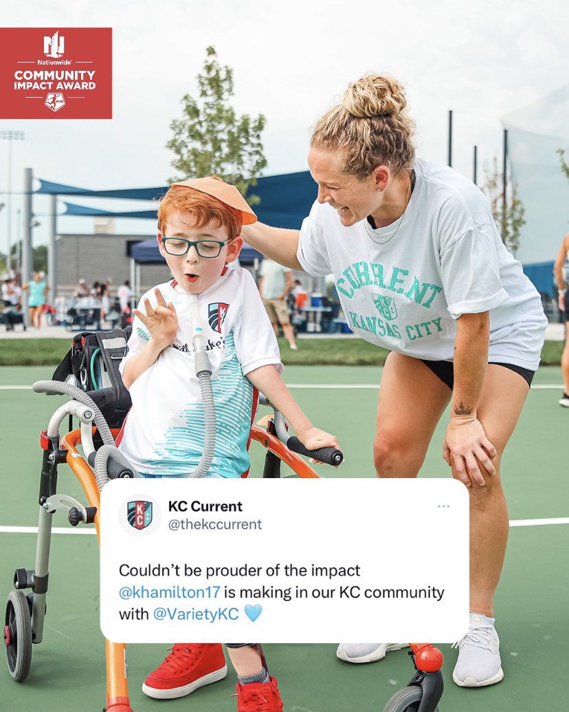 Making a difference on the world’s 𝐅𝐈𝐑𝐒𝐓 all inclusive soccer field 🙌 Voting is open all month long for the @Nationwide Community Impact Award! Vote for @khamilton17 to help us win $25,000 for @VarietyKC 🩵 🗳️ VOTE: nwslsoccer.com/fanvote