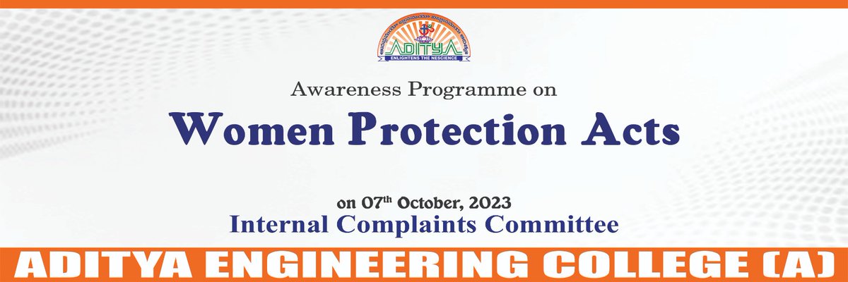 AdityaEduGroup's tweet photo. The Internal Complaints Committee is organizing an awareness program on Women Protection Acts on October 7th, 2023
#WomenProtection #SafetyForAll #AwarenessProgram #GenderEquality #AdityaEngineeringCollege #EmpowerWomen #LegalAwareness #SafeCampus https://t.co/YrYrC9jrhK