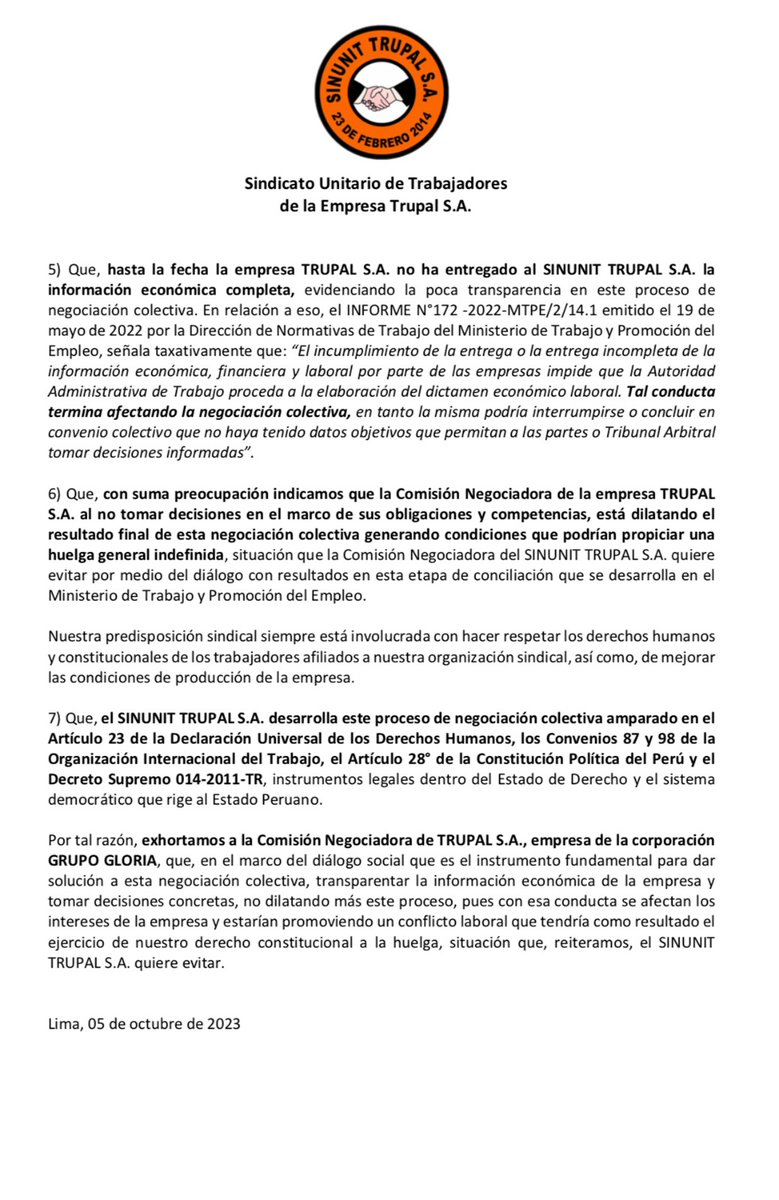 Sindicato - SINUNIT TRUPAL S.A. tweet media