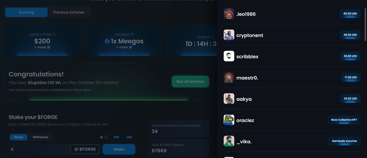 sleeperNFT8's tweet image. First 48 hours of $forge staking and look at the prizes ppl are winning - thats every 48 hours and you dont lose any forge in the process. And one lucky person won a Symth and Meego already. $Forge has to take off soon ... @BlocksmithLabs @MeegosNFT @SmythsNFT  🚀🚀🚀
