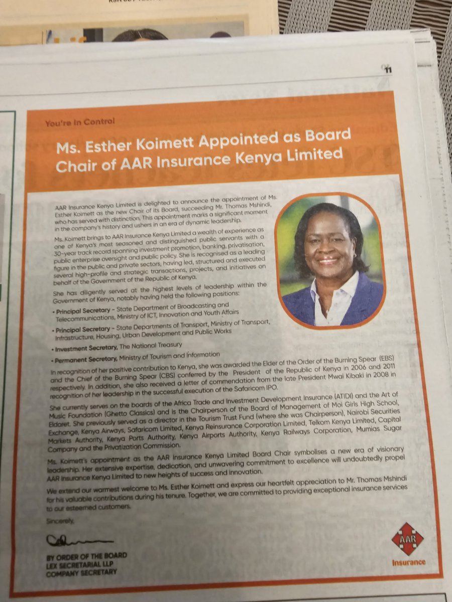 John Omo (@j_omo77) on Twitter photo Congrats, <a href="/EstherKoimett/">Esther Koimett, CBS</a> on your appointment as Board Chair, AAR #INSURANCE! God's grace & speed. Congrats, <a href="/EstherKoimett/">Esther Koimett, CBS</a> on your appointment as Board Chair, AAR #INSURANCE! God's grace & speed.