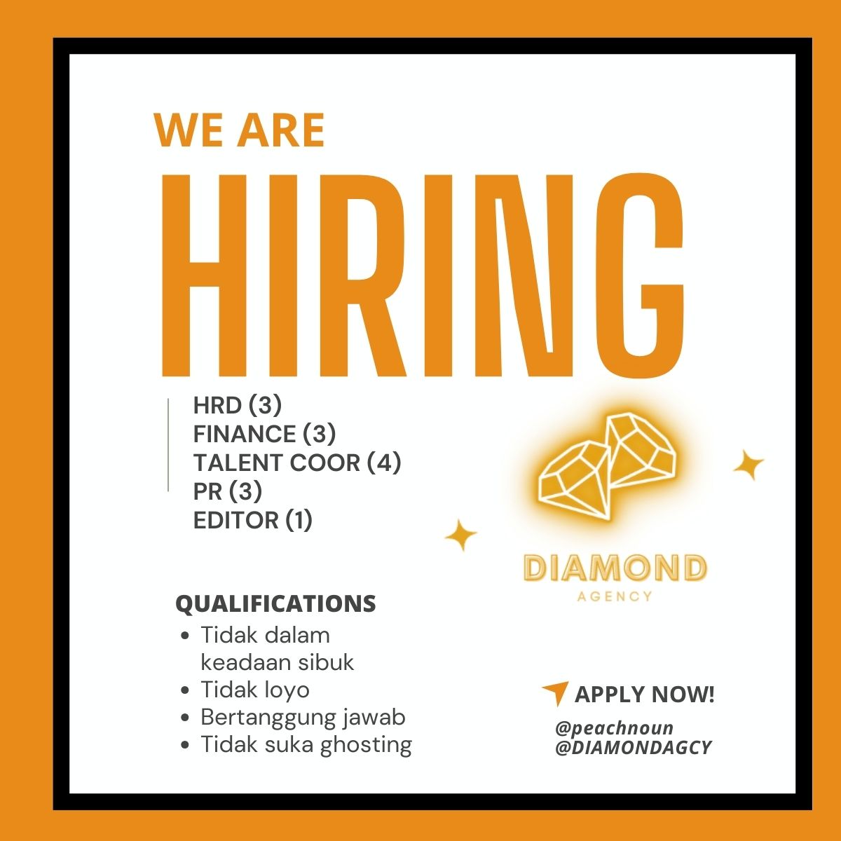 ️️
️️
[📣] 𝘿𝙄𝘼𝙈𝙊𝙉𝘿 𝘼𝙂𝙀𝙉𝘾𝙔 𝙤𝙥𝙚𝙣 𝙝𝙞𝙧𝙞𝙣𝙜!!

Hi bestie, kami 𝘋𝘪𝘢𝘮𝘰𝘯𝘥 𝘈𝘨𝘦𝘯𝘤𝘺. Sebuah 𝘢𝘨𝘦𝘯𝘤𝘺 yang khusus menaungi 𝘪𝘯𝘧𝘭𝘶𝘦𝘯𝘤𝘦𝘳 and we're open hiring for our office staff! 

Check thread hiring staffnya yuk!
️️️️
️️