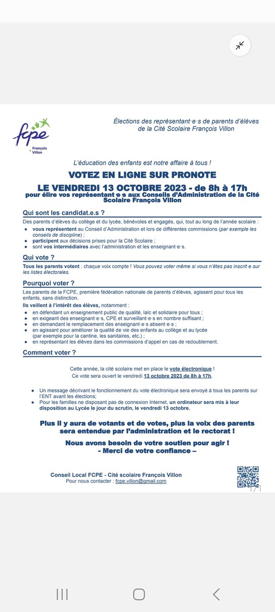 Élection des représentants des parents d'élèves dans une semaine à <a href="/VillonCollege/">Collège François Villon</a> <a href="/LyceeVillon/">Lycée François Villon</a> On a besoin de vous! Plus on sera nombreux à voter plus notre voix sera entendue. Vote électronique sur pronote de 8h à 17h vendredi 13 octobre