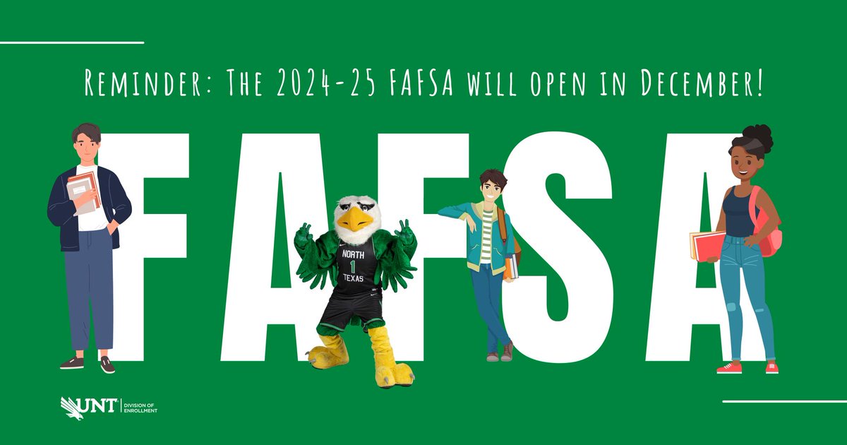 In case you missed it — the opening of the 2024-2025 FAFSA will be delayed from October to December this year, as the U.S. Department of Education finalizes updates to simplify the application. More information at: financialaid.unt.edu/fafsachanges #UNT #MeanGreenFridayFacts @scrappy_says