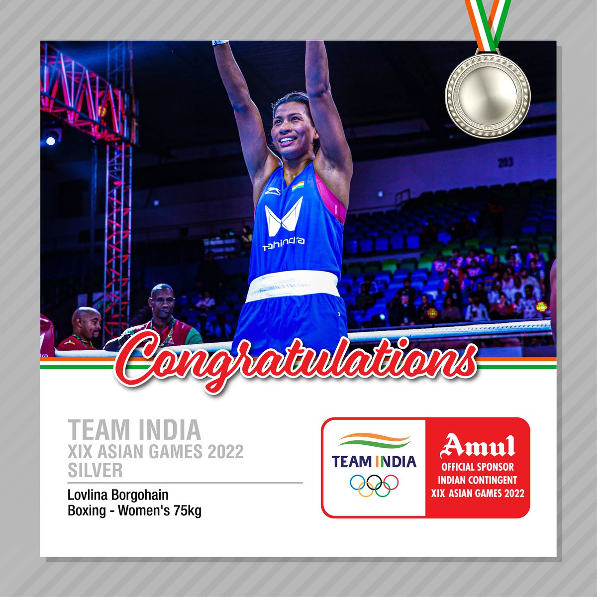 Congratulations to India’s Lovlina Borgohain for attaining a silver medal in the women’s 75kg boxing category at the Asian Games. What a performance!
#Cheer4India #Amul #AsianGames #Boxing #Silver
