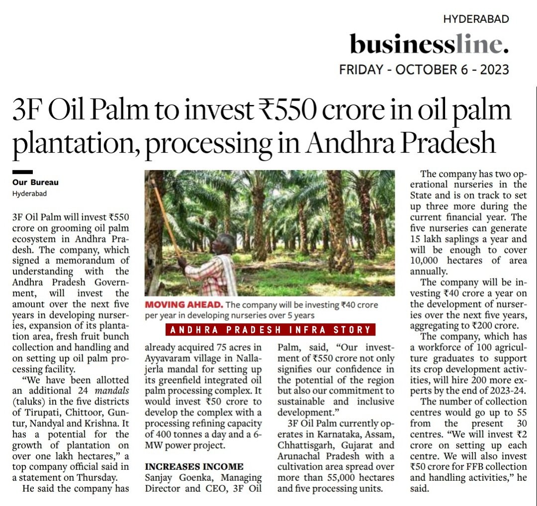 🔸3F Oil Palm To Invest Rs. 550 crore In Andhra Pradesh 🏭

#AndhraPradesh #OilPalm #InvestInAP #APInfraStory