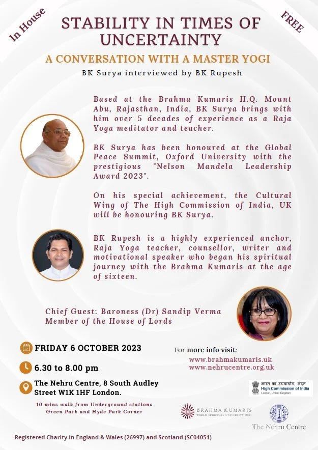 Stability in Times of Uncertainty

Friday 6 October, 6:30-8:00pm

Join us at <a href="/TheNehruCentre/">ICCR in the UK</a> for a conversation with Master Yogi #BrotherSurya who also will be honoured by the Cultural Wing of <a href="/HCI_London/">India in the UK</a> as the recipient of Nelson Mandela Leadership Award 2023

#FreeEvent