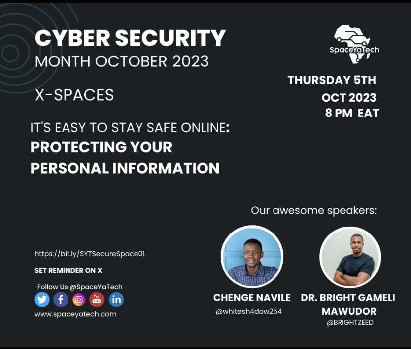What an informative session. It is a cybersecurity month, so let's create cyber awareness to reduce individuals being vulnerable. Good job: <a href="/SpaceYaCyber/">CYBERSPACE KENYA</a> 
<a href="/AfricaHackon/">AfricaHackOn</a> 
<a href="/BRIGHTZEED/">Bright Mawudor,PhD</a> 
<a href="/muchilwa/">muchilwa</a> 
<a href="/Crimeshield_Ltd/">CRIMESHIELD SECURITY LTD</a> 
<a href="/cybershujaa/">Cyber Shujaa</a> 
<a href="/serianultd/">Serianu LTD</a>