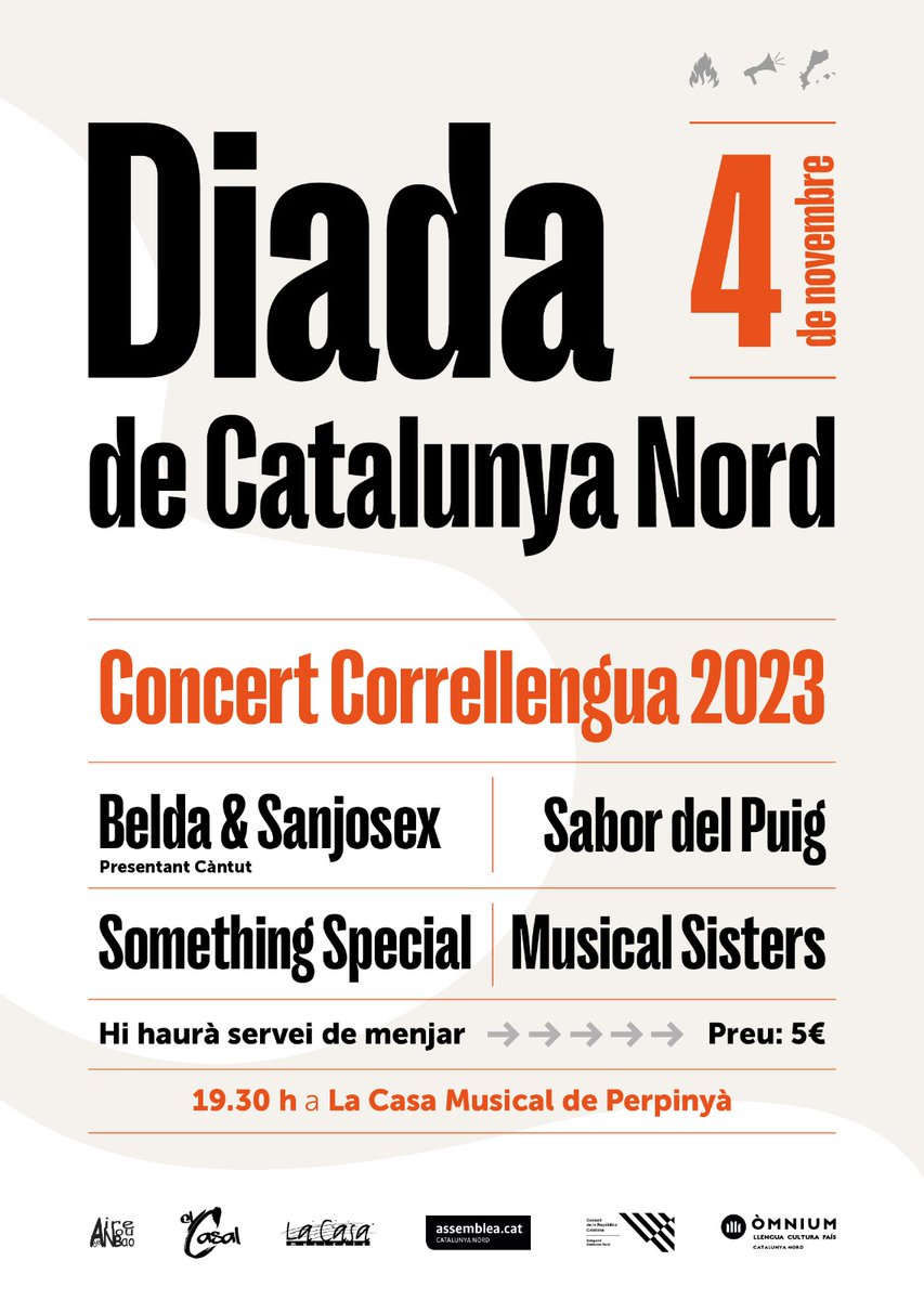 Diada Catalunya Nord (@diadacatnord) on Twitter photo I tot seguit el Concert del Correllengua 2023 que tanca la Diada!
Enguany tornem a la <a href="/CasaMusicale/">La Casa Musicale</a> amb Càntut, els grups locals Something Special i Sabor del Puig i les dj's Musicals Sisters!
L'entrada són 5€ i hi haurà servei de menjar.
No vos ho perdeu!!
#SemCatalunyaNord I tot seguit el Concert del Correllengua 2023 que tanca la Diada!
Enguany tornem a la <a href="/CasaMusicale/">La Casa Musicale</a> amb Càntut, els grups locals Something Special i Sabor del Puig i les dj's Musicals Sisters!
L'entrada són 5€ i hi haurà servei de menjar.
No vos ho perdeu!!
#SemCatalunyaNord