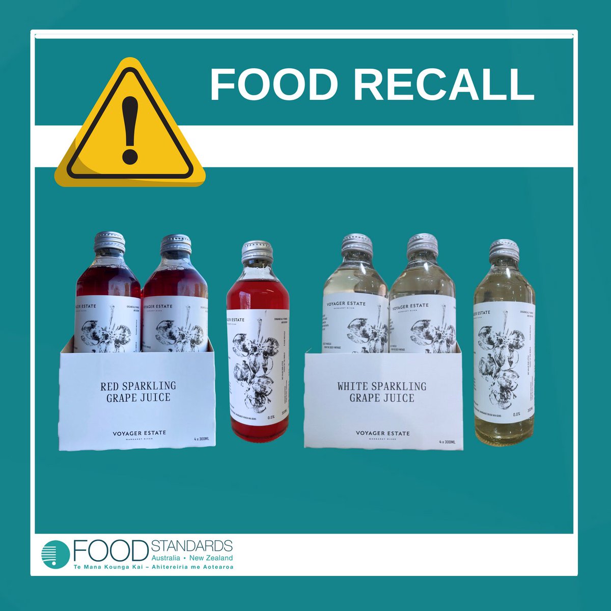 Food Recall Alert Update 

Voyager Estate is also conducting a recall of  Voyager Estate Sparkling White Grape Juice 300ml. The product has been available for sale at Voyager Estate in WA and online nationally.

More information: foodstandards.gov.au/industry/foodr…