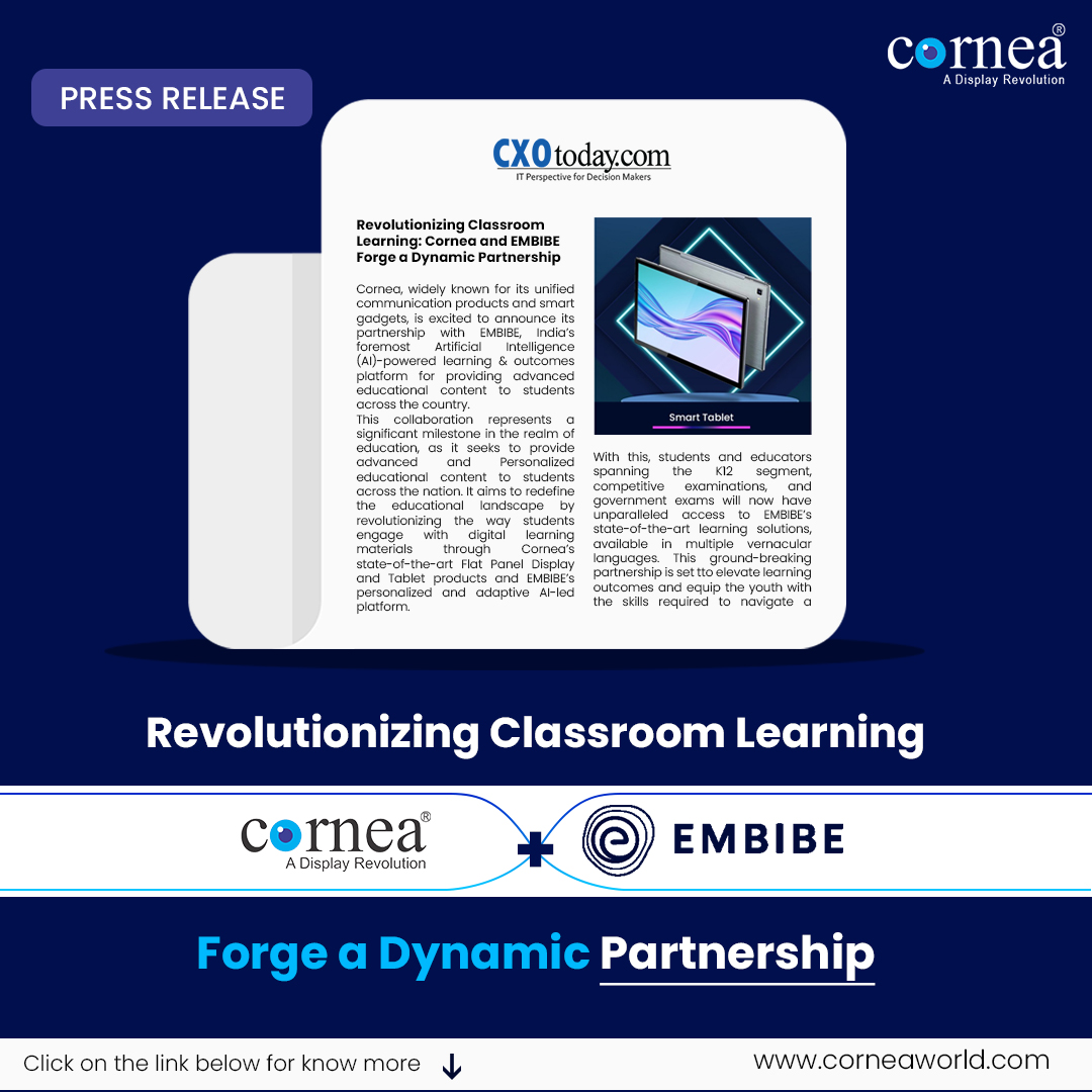 CORNEA81358973's tweet image. Revolutionizing Classroom Learning: Cornea and EMBIBE Forge a Dynamic Partnership

Read more at: cxotoday.com/press-release/… 
#cornea #corneaLEDTV #Interactivedisplay #corneadisplaysolution