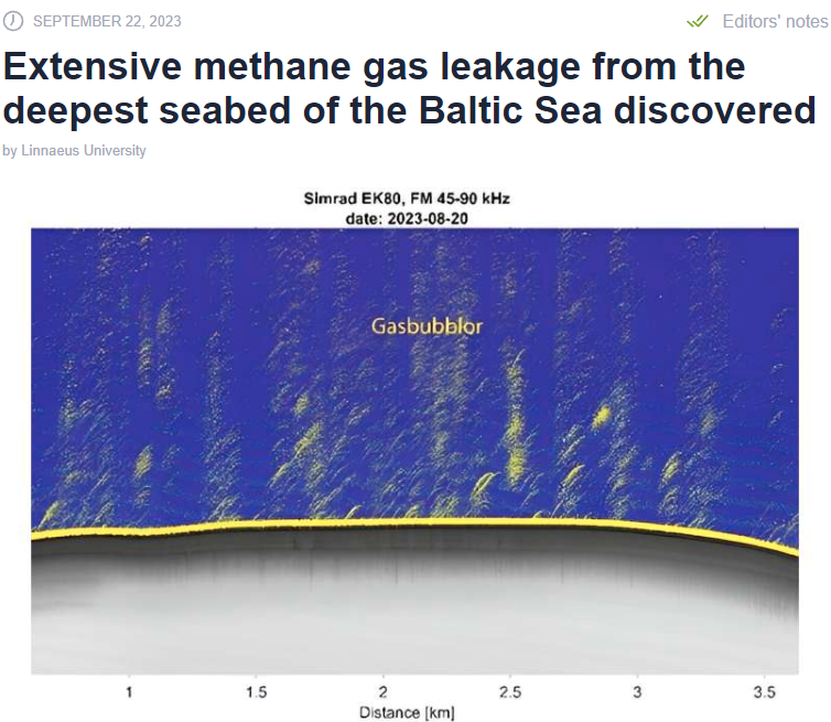 "We know that methane gas can bubble out from shallow coastal seabeds in the Baltic Sea, but I have never seen such an intense bubble release before and definitely not from such a deep area,"

phys.org/news/2023-09-e…