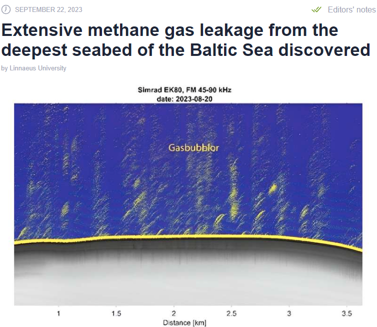 'We know that methane gas can bubble out from shallow coastal seabeds in the Baltic Sea, but I have never seen such an intense bubble release before and definitely not from such a deep area,' phys.org/news/2023-09-e…