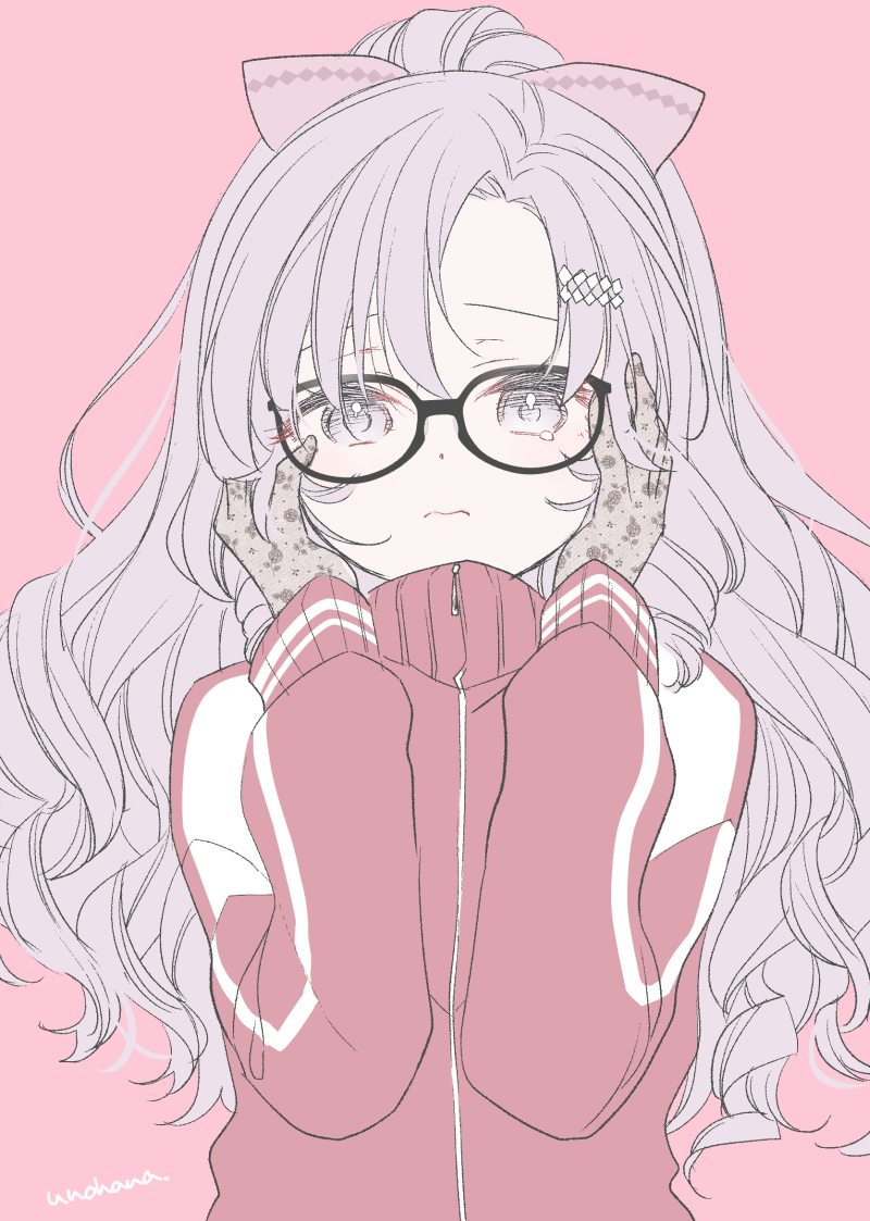 1girl solo jacket glasses long hair pink background gloves  illustration images