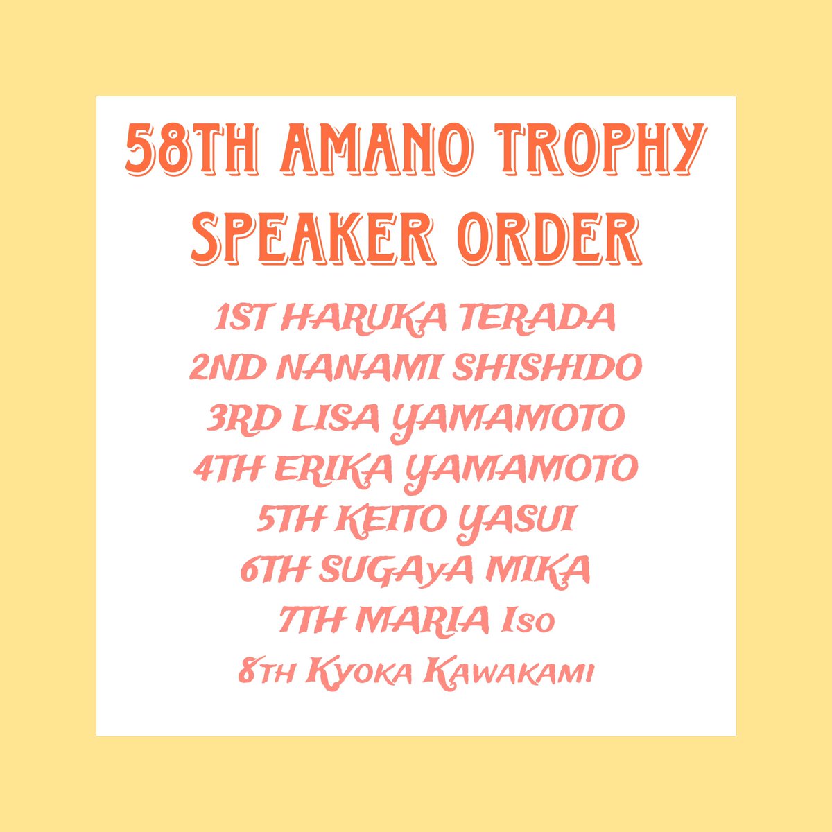 58thamanotrophy's tweet photo. 58th天野杯 スピーカーさん紹介
本日紹介するのは関西学院大学の山本利咲さんです！スピーチのタイトルは「Better Safe Than Sorry」となっています✨

天野杯まであと9日！！

#獨協大学 #関西学院大学 #ESS  #英語部 https://t.co/6ShR2Z8OES