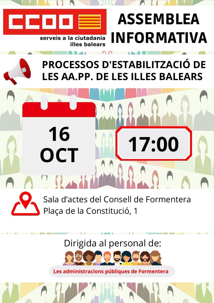FSC_CCOO_IB's tweet photo. Els processos d'estabilització en les AAPP encara continuen i us sorgeixen molts dubtes
Per això el pròxim 16 d'octubre ens traslladem a Formentera per a aclarir-vos-les
#EstabilitzacioAAPP #AssembleaCCOO #LluitemPelsTeusDrets
#ElSindicatEtsTu https://t.co/eBTJLLL75R