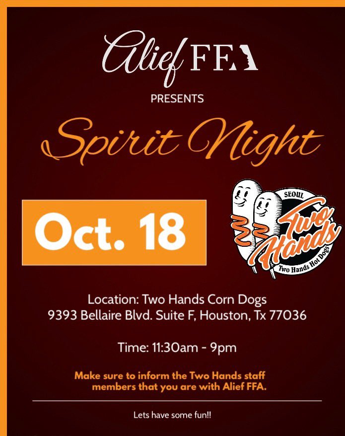 Alief FFA will be having their first spirit night of the year. Come out and support the kids. Make sure to mention Alief FFA so we get credit for your order!