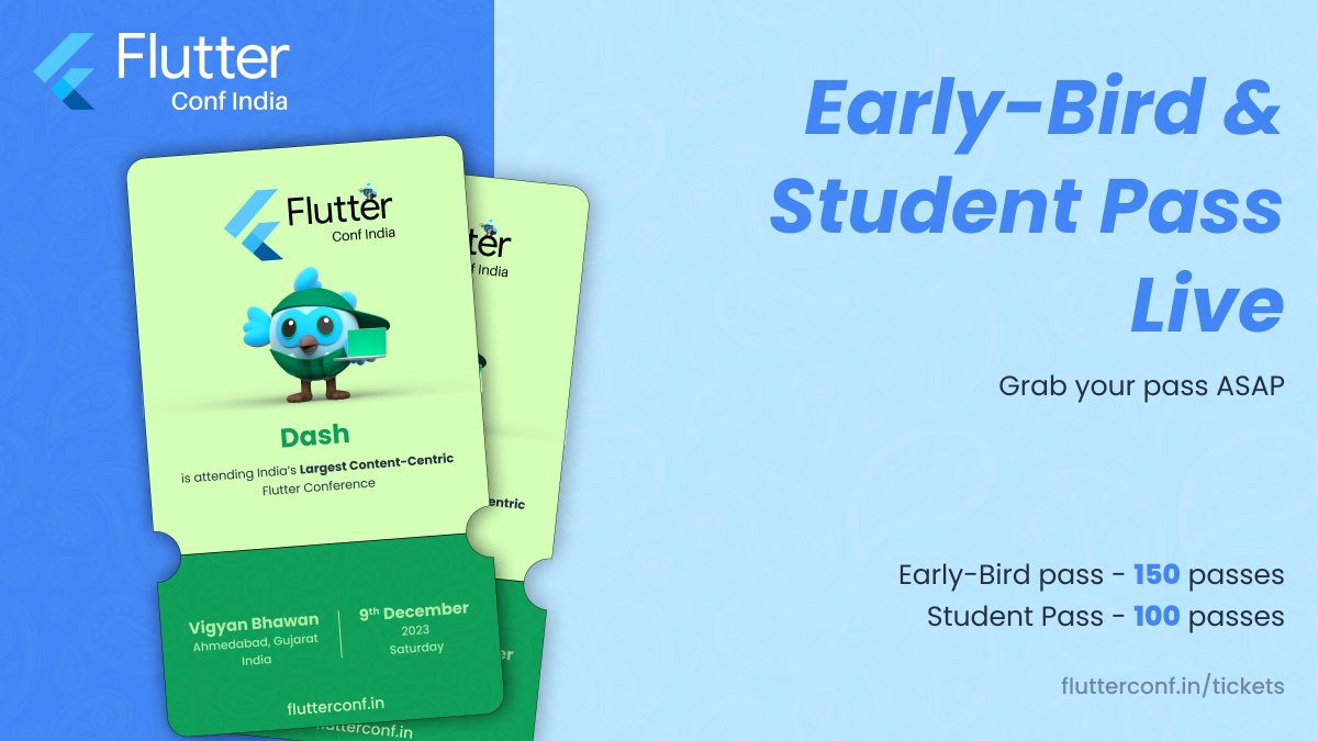 flutterconfin's tweet photo. Wake upppppp!!! Tickets are LIVE!!

Join us for India’s Largest Content-Centric Flutter Conference 💙

We have very limited tickets so go and grab yours now!

Grab your tickets now at https://t.co/0Qzc5GzhHI 🎟️

Backup Link: https://t.co/KcOQD76fw9

#Flutter https://t.co/6HOang9bbJ