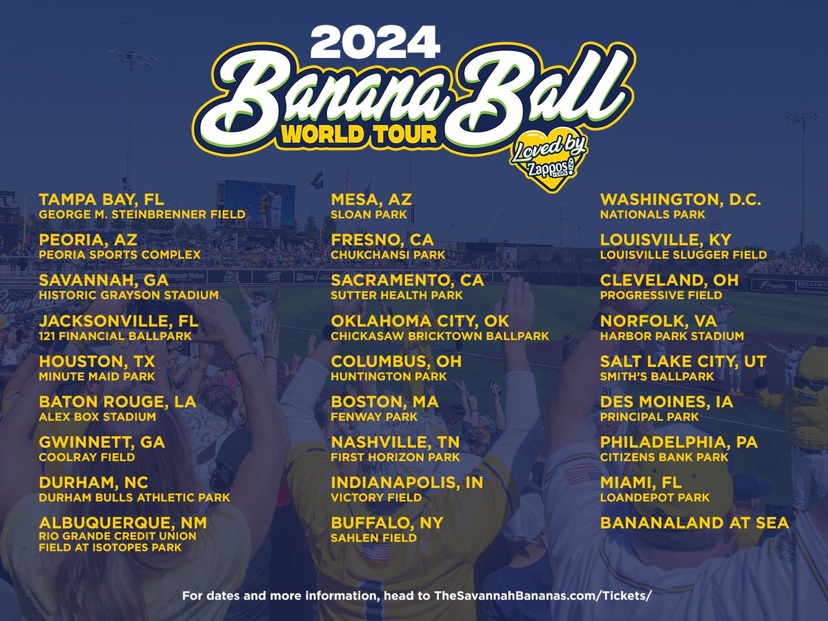 Ladies, gentlemen, boys and girls, and Potassium Enthusiasts from around the world... this is the Greatest Tour Schedule in Sports 🌎✈️ Go Bananas with us in 2024: …nanaslottery2024.fansfirsttickets.com Join the Ticket Lottery List before it closes on December 1, 2023. Joining the list