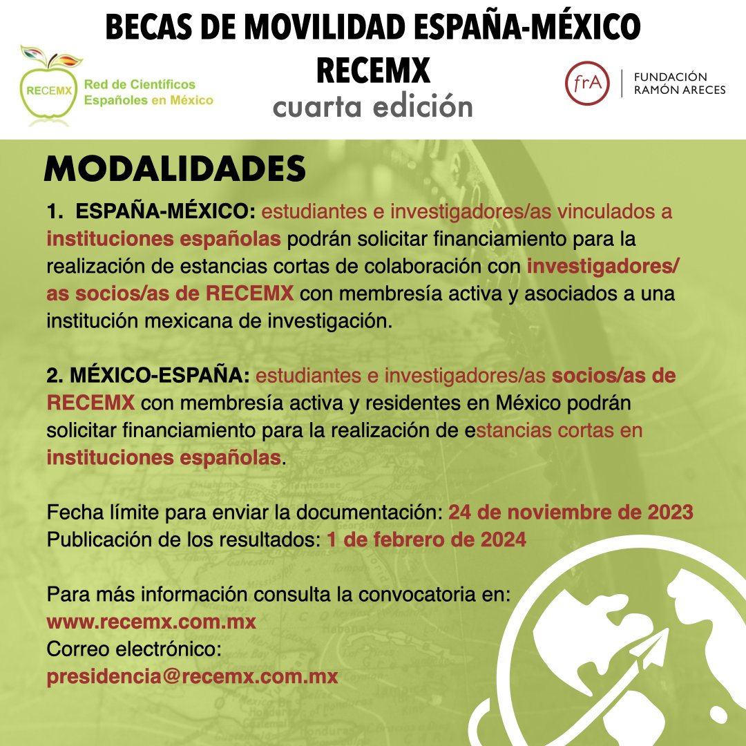 🔍 ¿Investigador(a) o estudiante buscando expandir tus horizontes? 🌎 Oportunidad única: 🇪🇸🤝🇲🇽 Realiza una estancia corta en México con RECEMX o fortalece lazos en España si ya eres socio. ¡Sé parte del puente académico entre España y México! #RECEMX #EstanciasAcadémicas