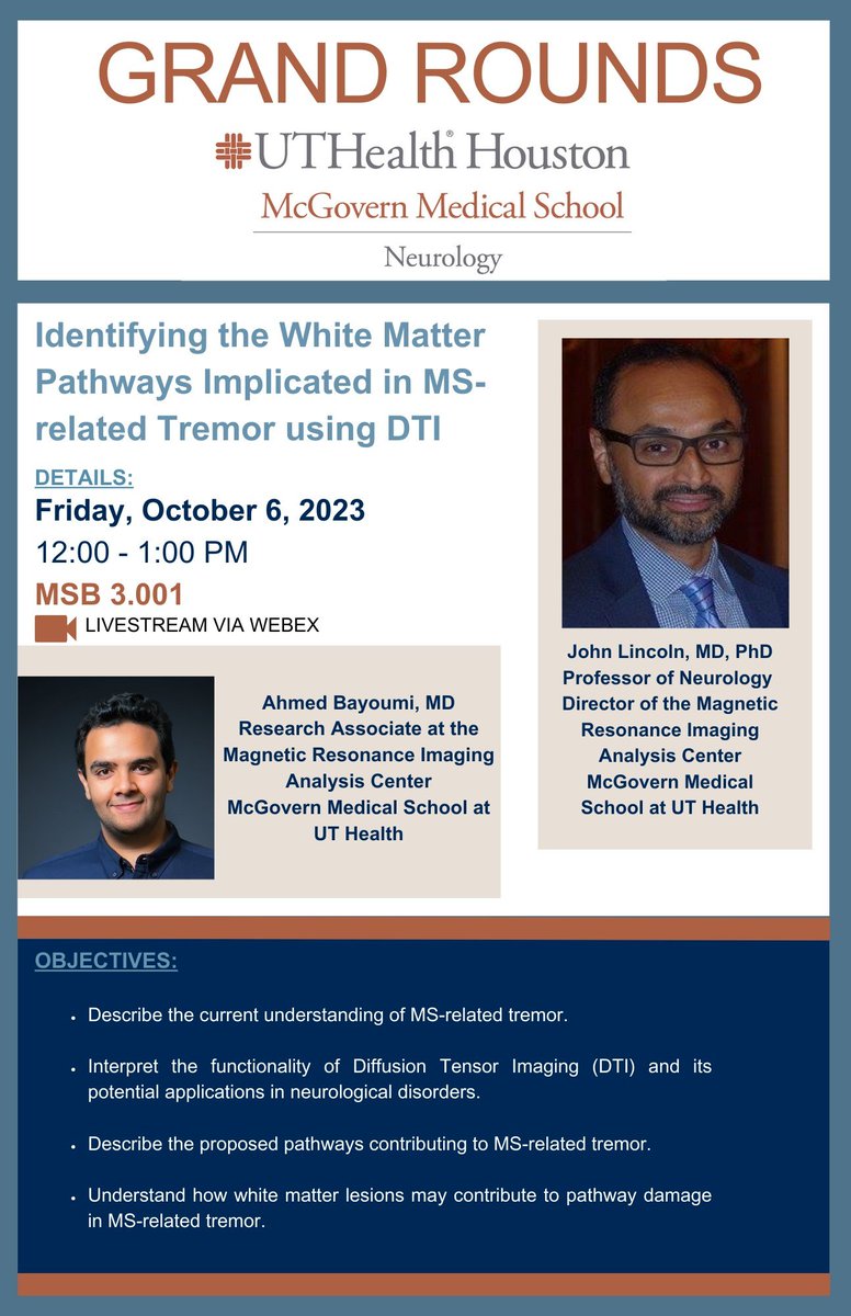 BayoumiAA's tweet photo. Tune in tomorrow at 12:00 PM CT for our Neurology Grand Rounds entitled “Identifying the White Matter Pathways Implicated in MS-related Tremor using DTI” presented by my mentor, John A. Lincoln, MD, PhD, and me. 
https://t.co/Fxf1NbYgZ5 https://t.co/w6Gd1RgeG9